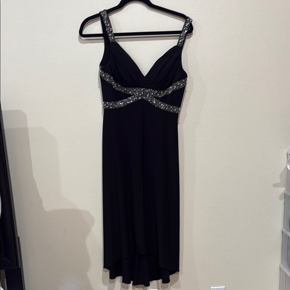 Cache Black High-Low Evening Dress with Silver Embellishment